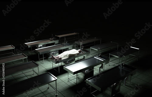 Tableau sur toile cadaver, dead male body in morgue on steel table