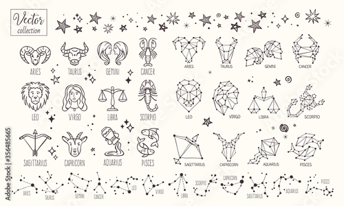 Zodiac signs. Vector Hand Drawn. Collection zodiacal animals illustration. Constellations. Aries, Taurus, Leo, Gemini, Virgo, Scorpio, Libra, Aquarius, Sagittarius, Pisces, Capricorn, Cancer.