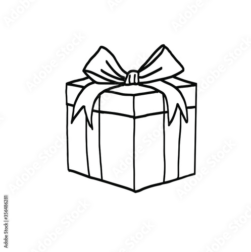 Gift box icon in doodle sketch lines. Prize birthday Christmas holiday. Coloring.  . Vector illustration on white background. For cards, posters, stickers  and professional design. © Marharyta