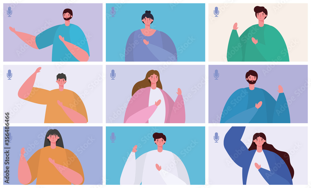 People avatars on websites frames in video chat design, Call online conference and webcam theme Vector illustration People avatars on websites frames in video chat design, Call online conference and webcam theme Vector illustration