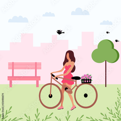 A girl with a Bicycle walks in the Park. Vector isolated illustration with a pregnant girl in nature. Flat style. Design of ads, websites, banners, and ads. Bicycle with basket and flowers. 