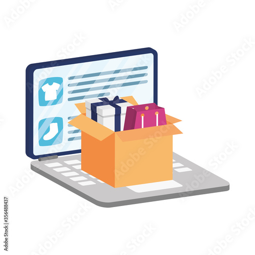 business online ecommerce in laptop with box and shopping bag