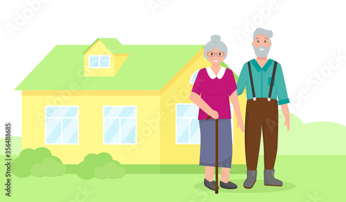 An old man and woman near house.