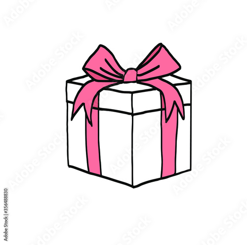 Gift box icon in doodle sketch lines. Prize birthday Christmas holiday. Coloring.  . Vector illustration on white background. For cards, posters, stickers  and professional design. 