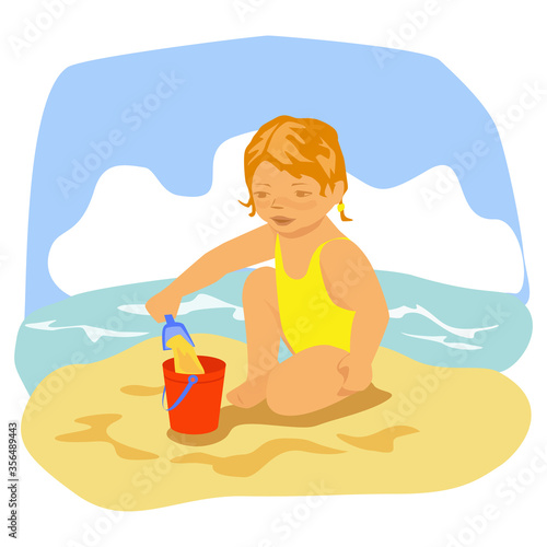 A little girl in a swimsuit sits and pours a scoop of sand into a bucket. Beach, sea, sky.Vector illustration.