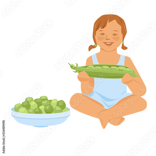 Little girl with a pea pod. Near a plate with peas. Vector illustration. Isolated on a white background.