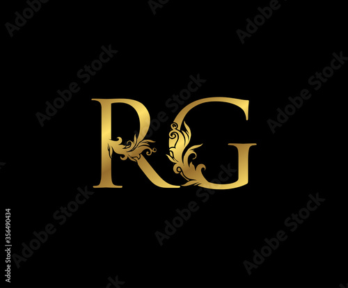 Vintage Gold R, G and RG Letter Floral logo. Classy drawn emblem for book design, weeding card, brand name, business card, Restaurant, Boutique, Hotel. photo
