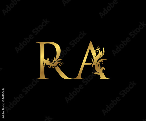 Vintage Gold R, A and RA Letter Floral logo. Classy drawn emblem for book design, weeding card, brand name, business card, Restaurant, Boutique, Hotel.