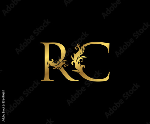 Vintage Gold R, C and RC Letter Floral logo. Classy drawn emblem for book design, weeding card, brand name, business card, Restaurant, Boutique, Hotel.
