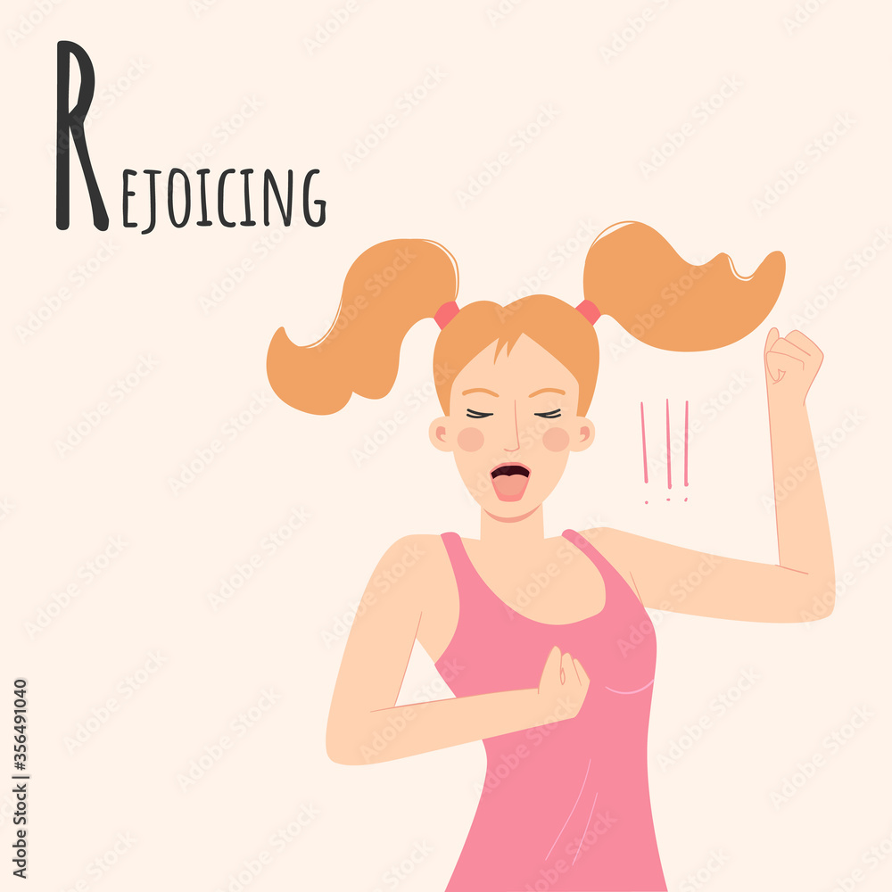 Alphabet Emotions concept. Female character exult and triumph. Letter R - rejoicing. Vector cartoon illustration Alphabet Emotions concept. Female character exult and triumph. Letter R - rejoicing. Vector cartoon illustration