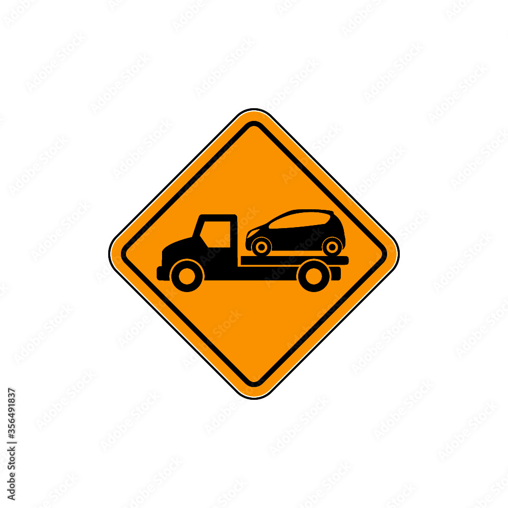Tow truck road sign. Towing truck van with car icon isolated on white background Tow truck road sign. Towing truck van with car icon isolated on white background