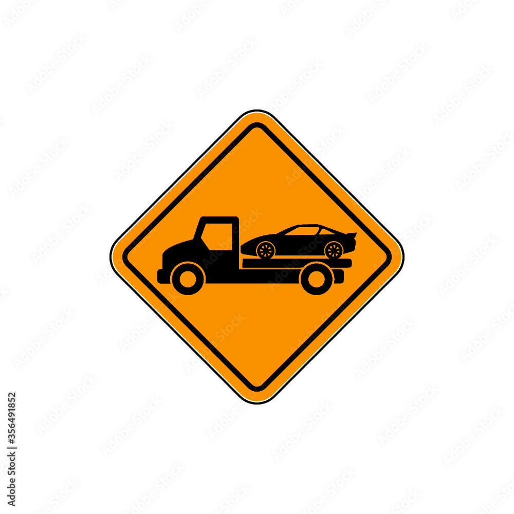 Tow truck road sign. Towing truck van with car icon isolated on white background Tow truck road sign. Towing truck van with car icon isolated on white background