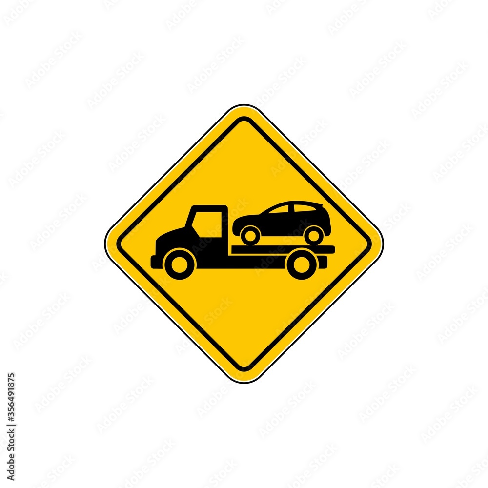 Tow truck road sign. Towing truck van with car icon isolated on white background Tow truck road sign. Towing truck van with car icon isolated on white background