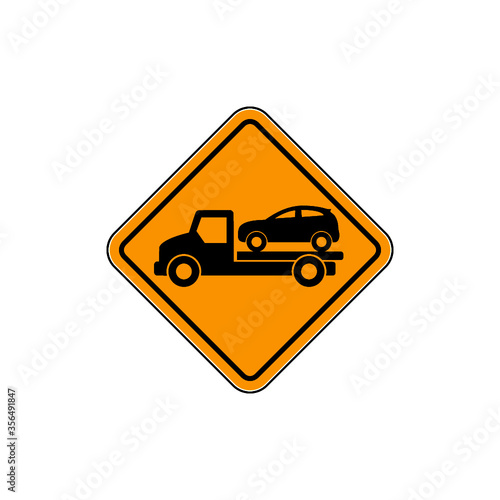 Tow truck road sign. Towing truck van with car icon isolated on white background