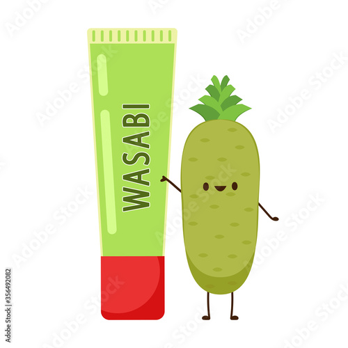 Wasabi root character. Wasabi root on white background. Wasabi tube.