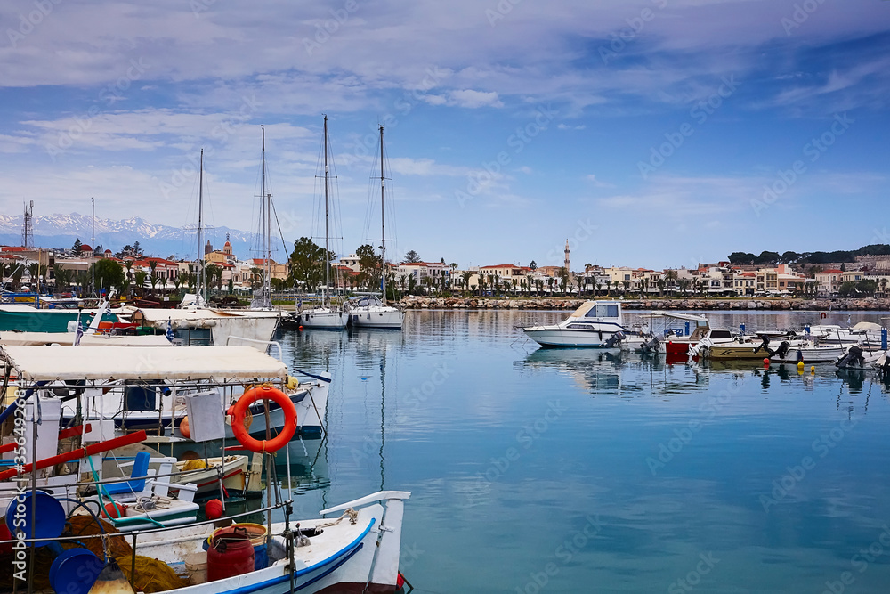 Beautiful yachts in the harbour of Rethymno, the Crete island, Greece