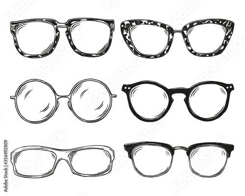Set of sunglasses. Hand drawn vector illustration. Stylish glasses collection. Fashion accessory. Isolated objects on white.