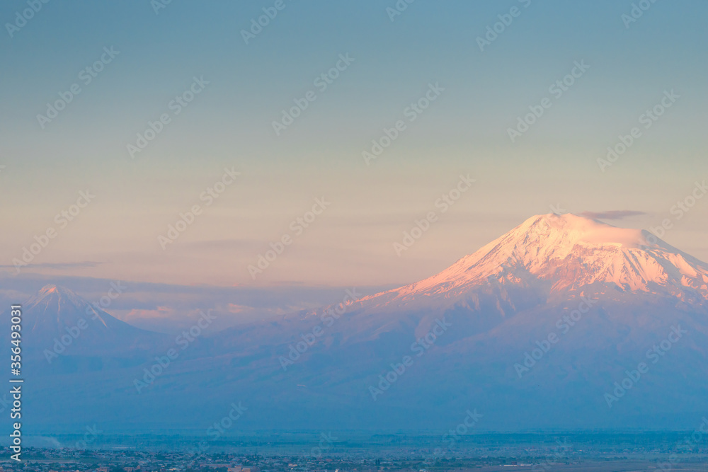 Big and Small Ararat with snow-capped peaks on a sunny morning, landscape of Armenia