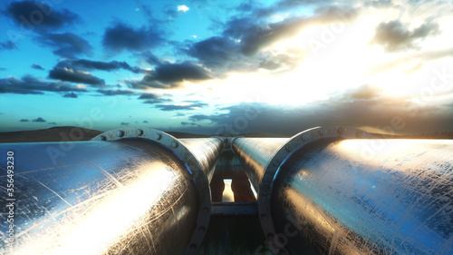 Pipeline transportation oil, natural gas or water in metal pipe. Oil concept. 3d rendering.