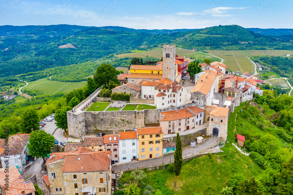Motovun. Beautiful aerial view of idyllic hill town of Motovun. Istria region of Croatia