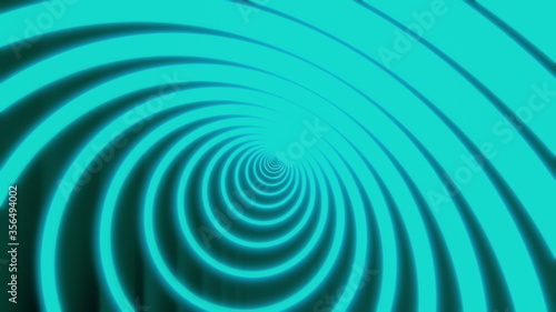 Abstract geometric tunnel of neon circles on a black background formed by colorful green narrow crossed stripes. Art, commercial and business concept motion backdrop. 3D rendering animated 4K video.
