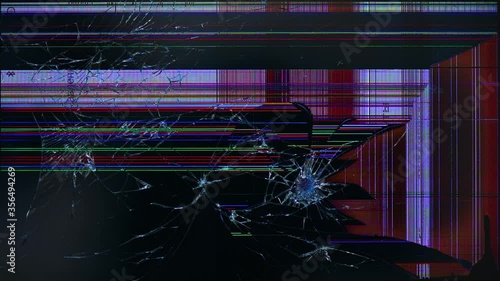 Broken shattered TV or phone screen with glitch and cracks