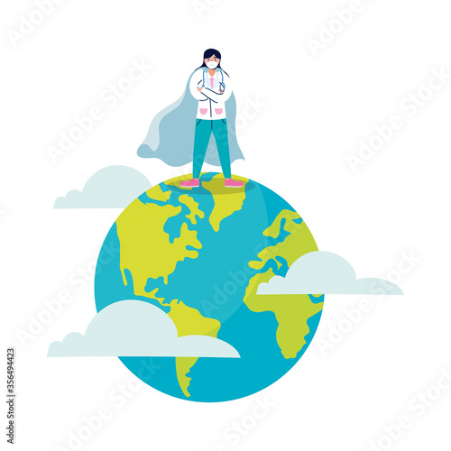 heroic female doctor wearing medical mask in earth planet