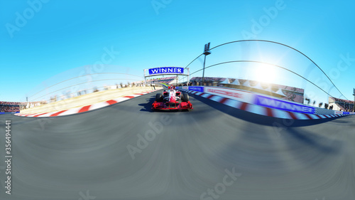 360 degrees, spherical video. Race car. Very fast driving 3d rendering.