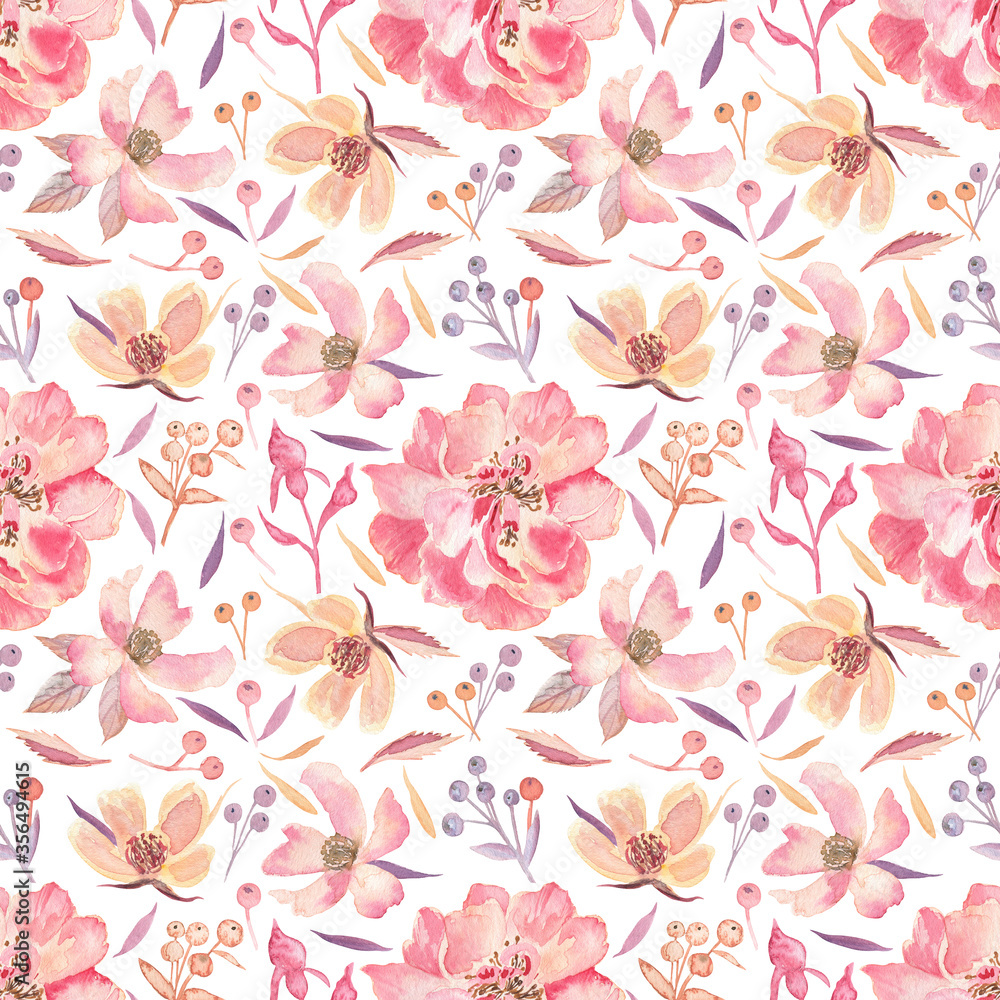Beautiful seamless pattern of roses and leaves on an isolated white background. Elegant combination of big and tiny elements, watercolor hand drawn illustrations. Great for fabric for any season.