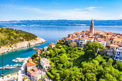 Beautiful town Vrbnik, Krk island, Croatia, aerial view