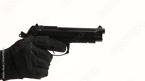 Pistol gun reloading and misfire on white background