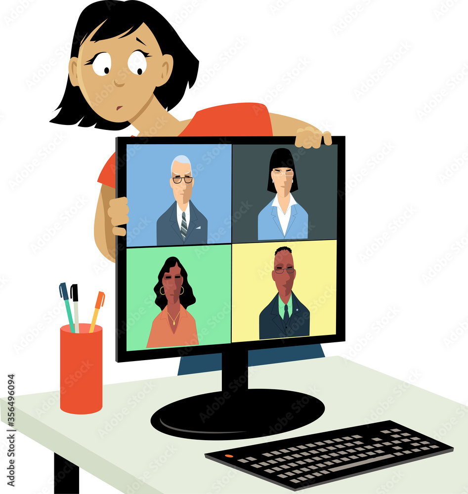 Woman hiding behind a computer screen from a work video chat, EPS 8 vector illustration Woman hiding behind a computer screen from a work video chat, EPS 8 vector illustration