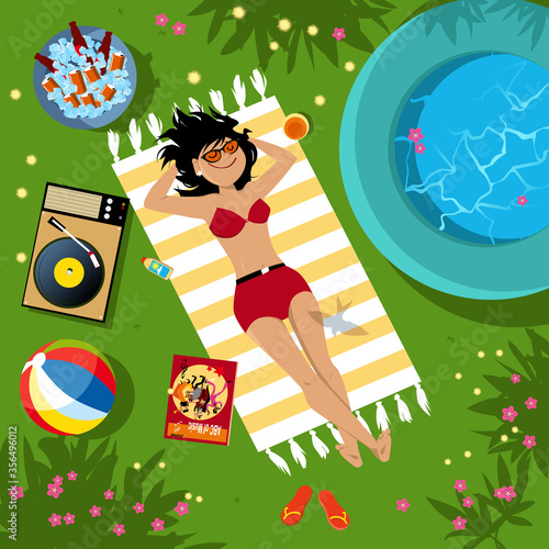Young woman enjoying vacation or staycation at her own backyard, listening music, having a cold drink, view from top, EPS 8 vector illustration