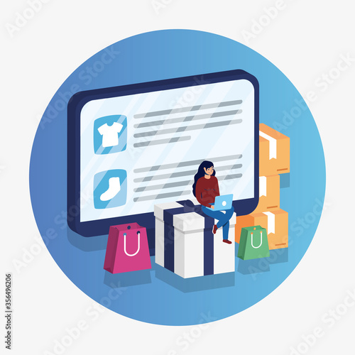 shopping online ecommerce with woman using laptop and desktop