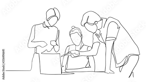 Work process - colorful line design style illustration on white background. High quality composition with two men, business colleagues discussing the project at the computer, one helping another. 