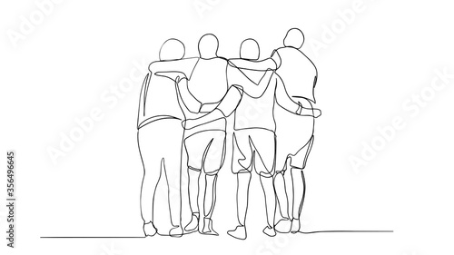 A group of men and women standing together have their friendship one line drawing. Single continuous line drawing about group of men and woman from multi ethnic standing together to show their unity.