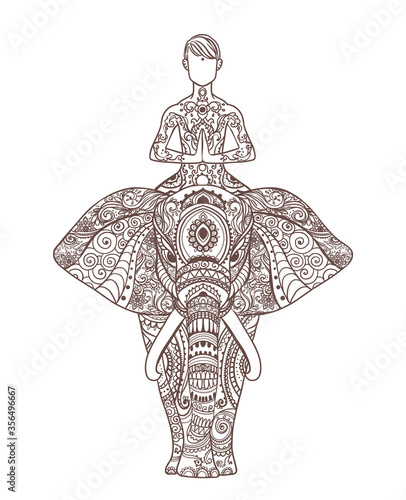 Man in yoga pose on elephant. Ornamental card. Vector illustration.