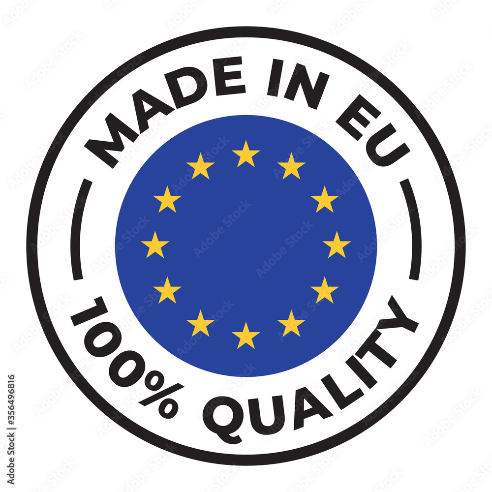Vector circle symbol. Text Made in EU with flag. Isolated on white background. Vector circle symbol. Text Made in EU with flag. Isolated on white background.