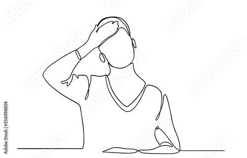 Sick woman is suffering from headache, migraine, fever. Person holds his head, forehead with hand. Hand drawn vector illustration. woman having a fever. Coronovirus. covid-19. Vector.