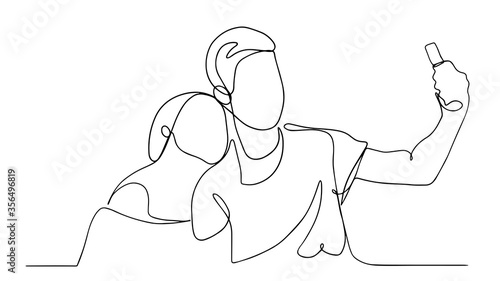 Continuous One Line Drawing of Selfie lover couple. Vector illustration portrait character of young man and woman, holding smartphone, making selfie photo with smile and happiness.