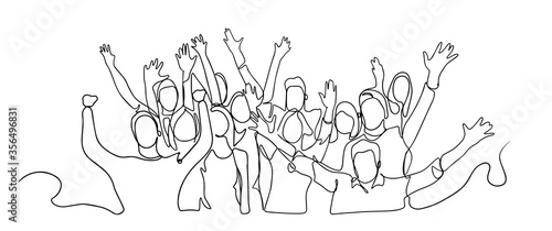 Continuous line drawing of happy cheerful crowd of people. Cheerful crowd cheering illustration. Hands up. Group of applause people continuous one line vector drawing. Audience silhouette hand drawn. 