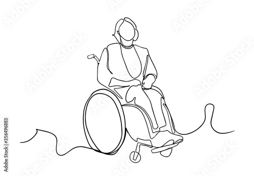 One line drawing of a old patient with wheelchair in hospital continuous line drawing vector. continuous single drawn one linet woman on an wheelchair drawn by hand picture silhouette.