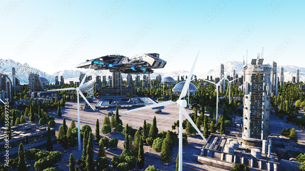 spaceship in a futuristic city, town. The concept of the future. Aerial view. 3d rendering.