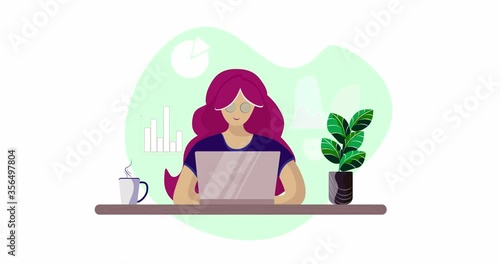 Student learning online at home. Female character sitting at desk, looking at laptop and studying. Online education concept. Loop animation 4K