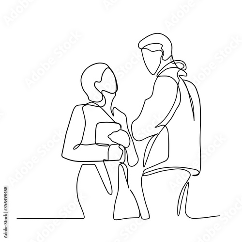 One continuous single drawing line art flat doodle flat, kiss, drink, love, couple, woman. Isolated image hand draw contour on a white background. woman and man standing and talking. Man and woman