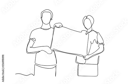 Two man holding a blank poster at a meeting protesting. people with protest signboard banner standing line vector drawing. One line illustration of two man with a blank paper roll. continuous one line