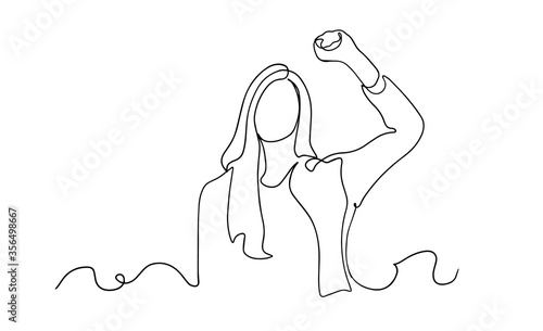 Strong woman continuous one line drawing. Continuous one line drawing long hair girl power pose. beautiful woman protesting vector.