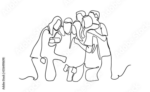 group of happy young friends making selfie - one line drawing. Continuous one line drawing of group people selfie. Man and women taking a picture with smartphone to capture moment vector minimalism.