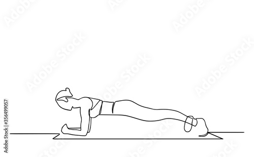 Woman doing yoga pose. Continuous line. young woman in a yoga pose doing pusg-ups. Charging. One line drawing isolated vector object by hand on a white background. Vector.