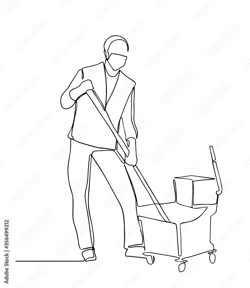 continuous one line drawing of a man, wearing a mrdical mask cleaning